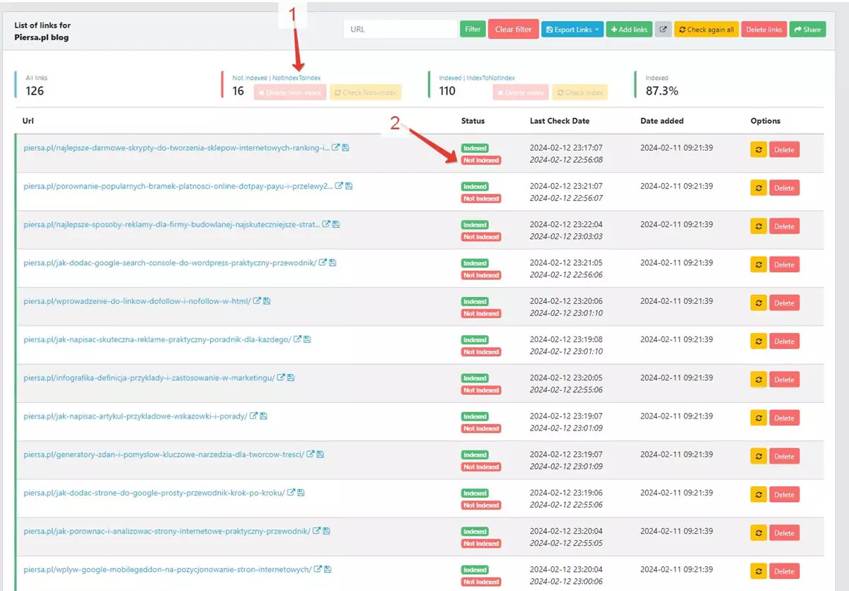 IndexChecker Project Dashboard showing link status changes