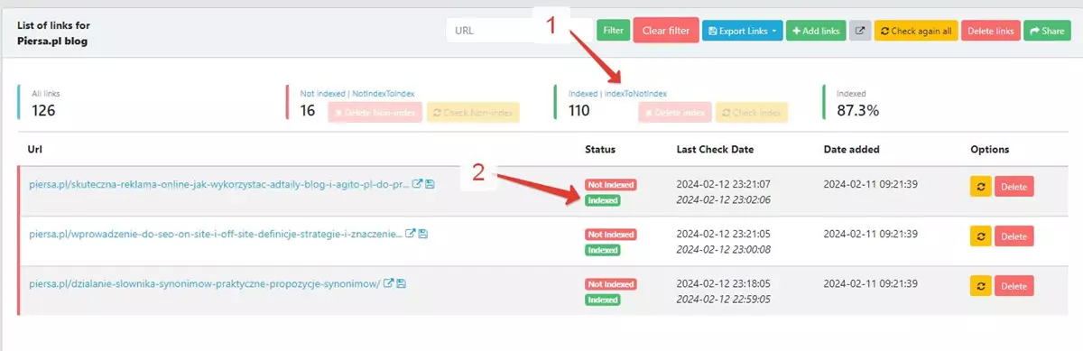 Filtering button for Index to NotIndex