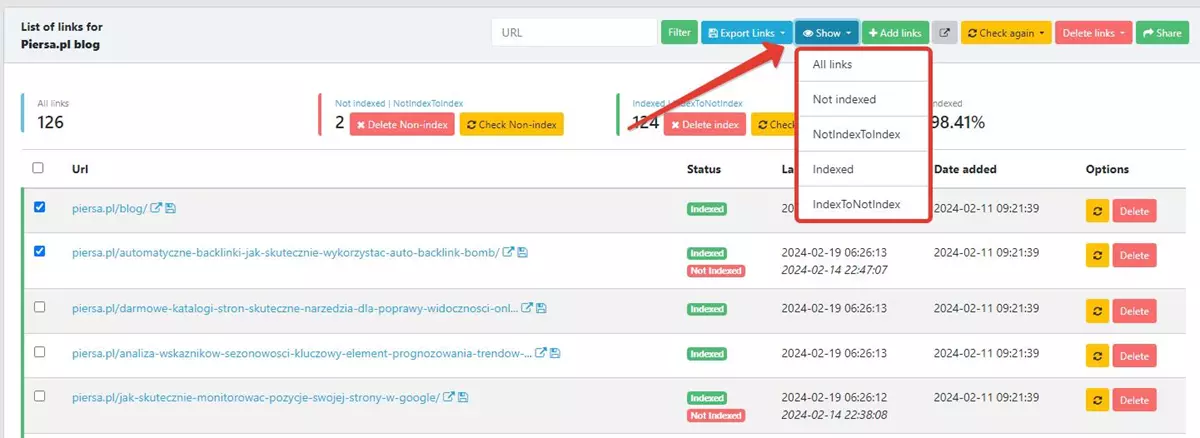 Filtering options dropdown