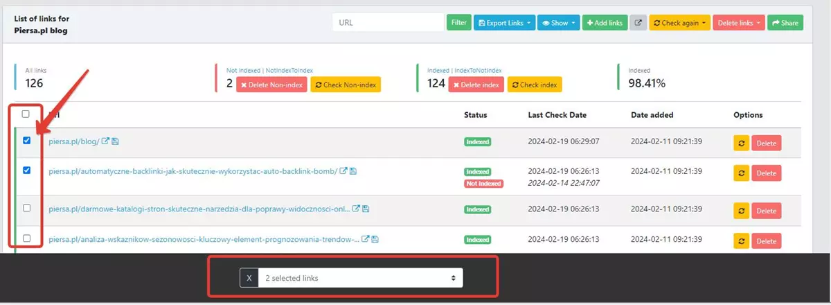 Bulk selection checkboxes in IndexChecker dashboard