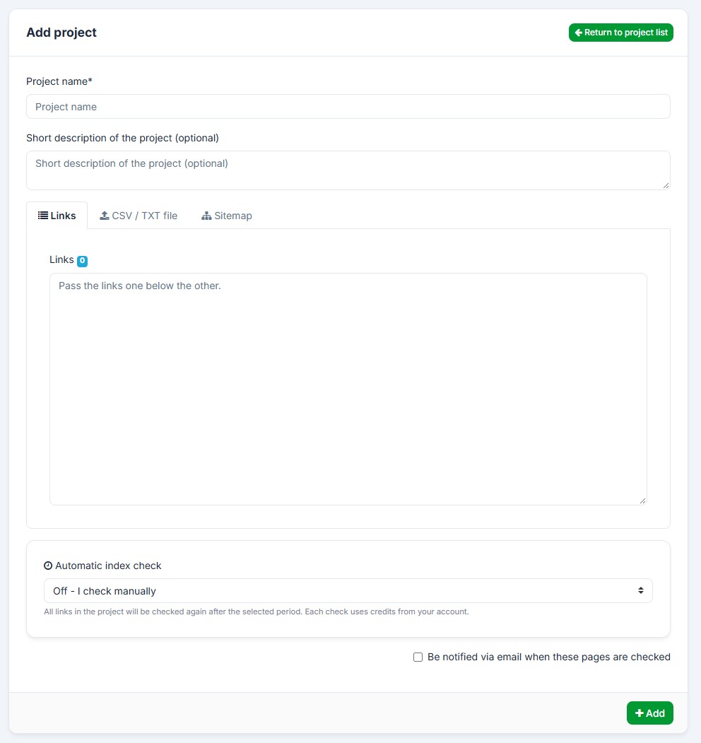IndexChecker Add project form with tabs for pasting links, uploading a CSV or TXT file, or a sitemap, plus an automatic index-check schedule dropdown