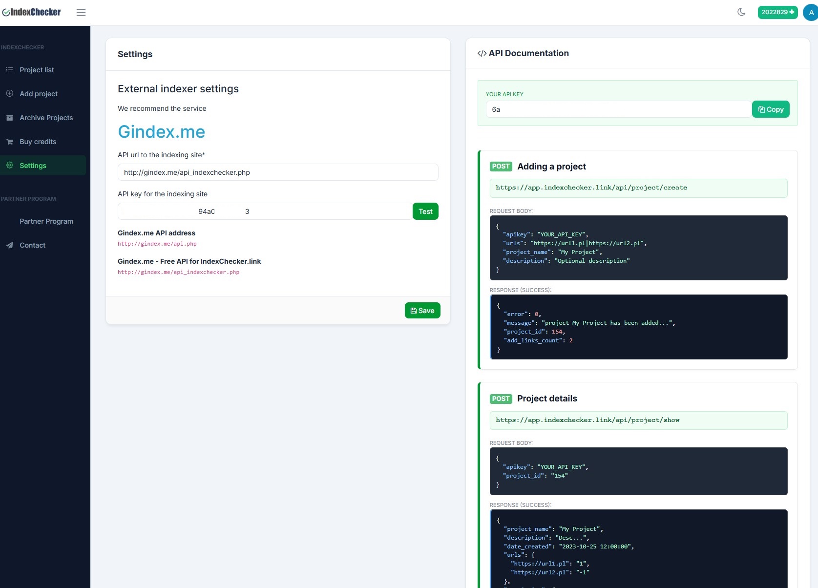 IndexChecker Settings screen showing external indexer configuration for Gindex.me next to REST API documentation with the account API key and a project/create endpoint example