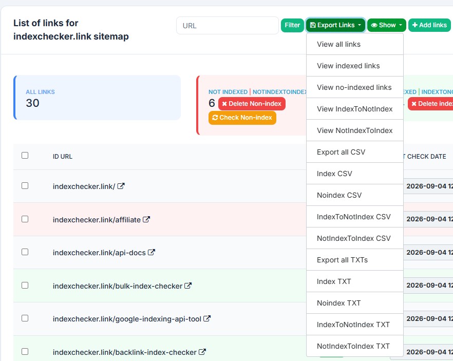 IndexChecker export menu offering CSV and TXT downloads and in-browser views, each split into indexed, no-indexed, all, and the moved-in and moved-out lists