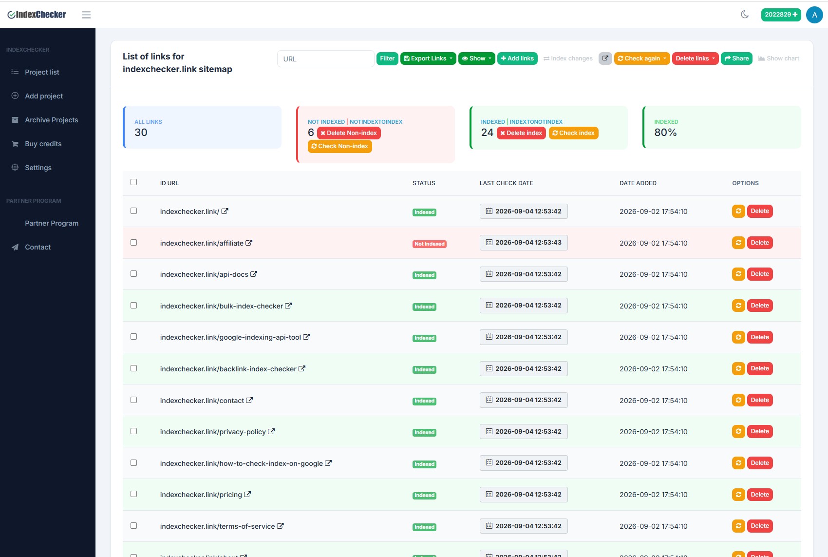 IndexChecker project view listing 30 URLs from a sitemap with Indexed and Not Indexed status, last check date, an 80% indexed rate, and Export, Check again and Share buttons